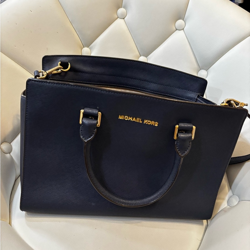 Michael Kors Blue Satchel with Gold Hardware